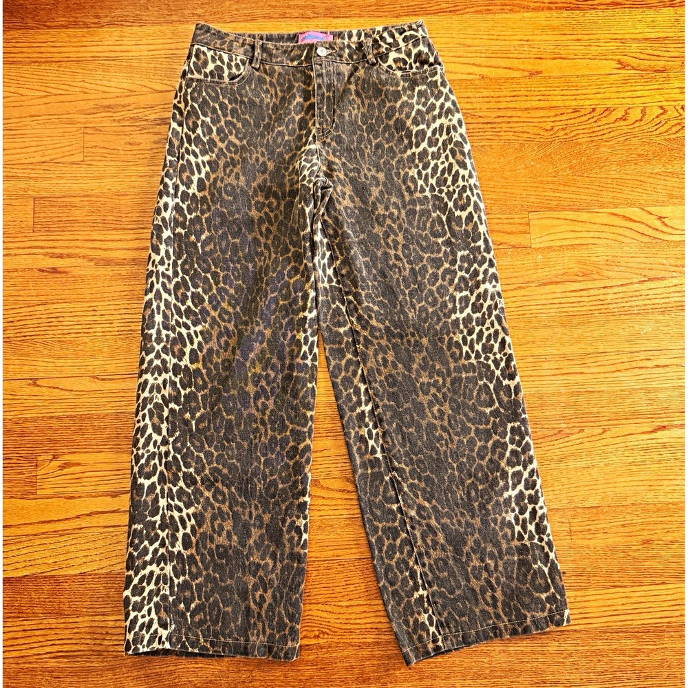 Edikted Women's Leopard Animal Print Denim Wide Leg Mid Rise 5-Pocket Size M